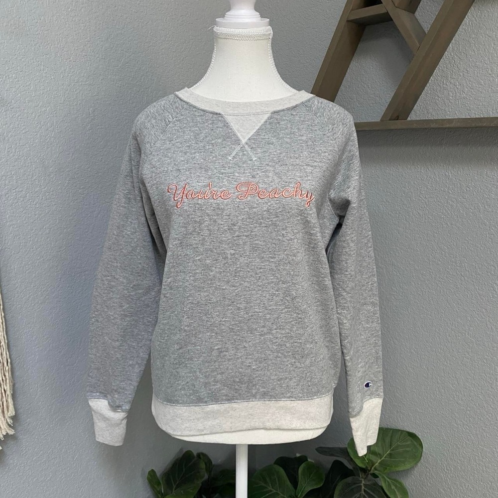 CHAMPION GREY PULLOVER YOU'RE PEACHY EMBROIDERED SWEATSHIRT ACTIVEWEAR SPORTY